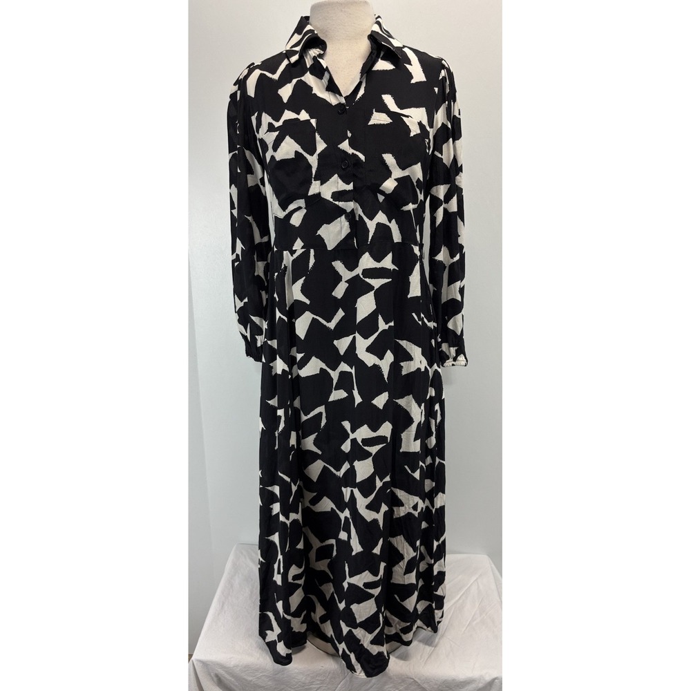 NEW! Zara Emilie Dress M Black White Midi Shirt Dress Button Front Collared